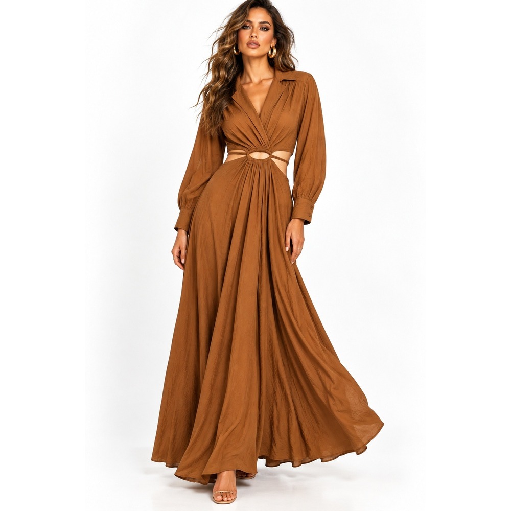 YFB Young Fabulous & Broke Derby Cutout Brown Maxi Dress Size L Long Sleeve